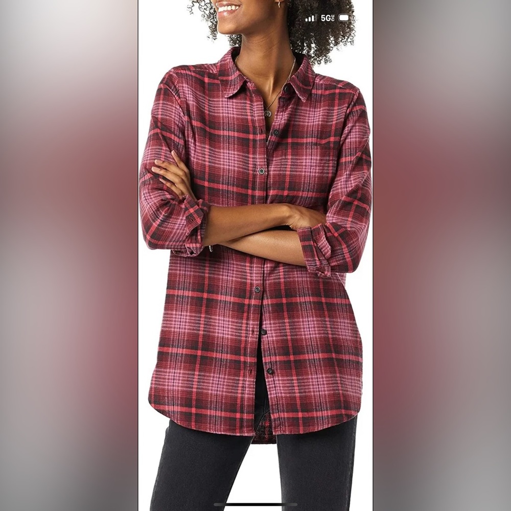 Goodthreads Women's Brushed Flannel Boyfriend Tunic- Burgundy, Scottish Plaid XS